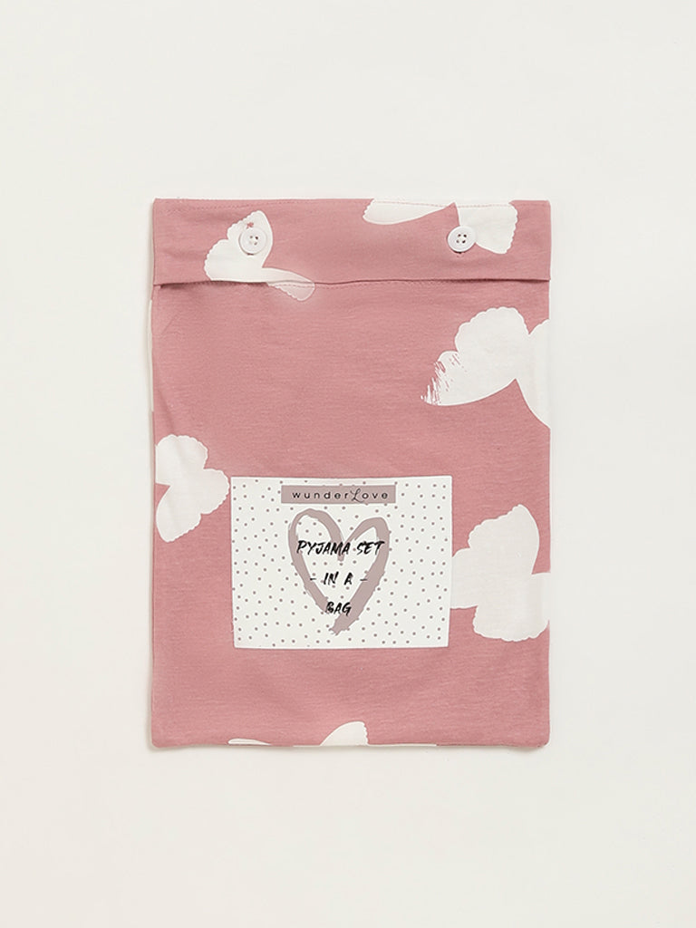 Wunderlove Blush Pink Butterfly Design T-Shirt, Pyjamas & Bag Set