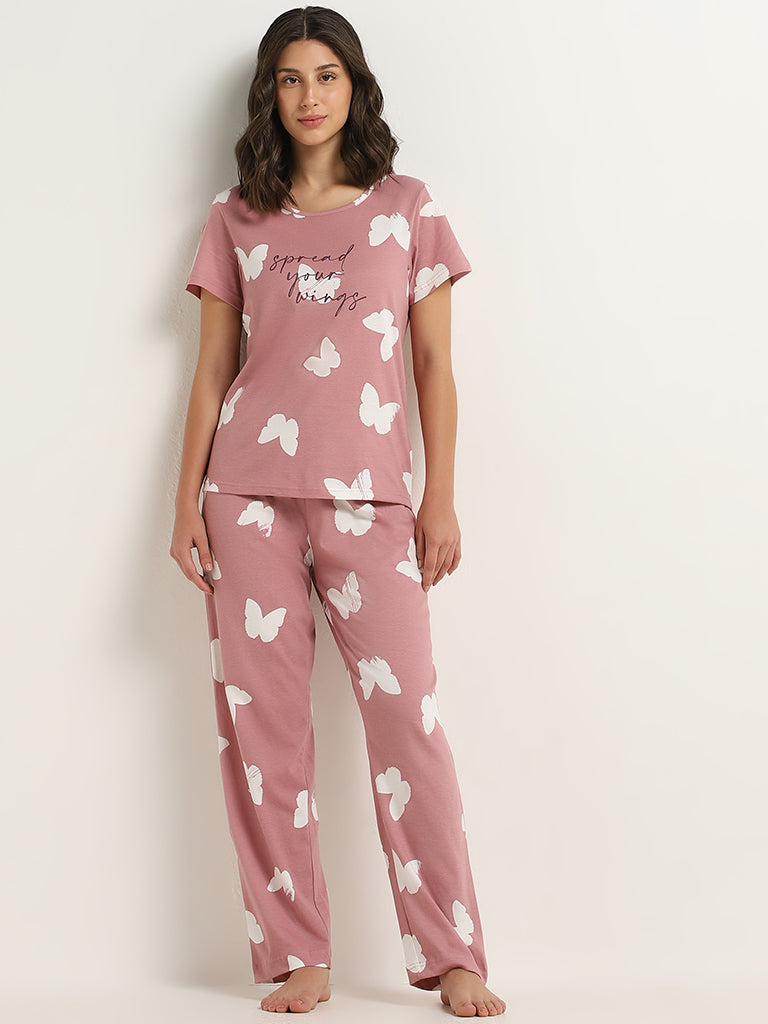 Wunderlove Blush Pink Butterfly Design T-Shirt, Pyjamas & Bag Set