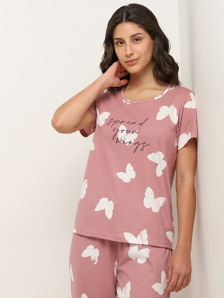 Wunderlove Blush Pink Butterfly Design Pyjamas Set In A Bag