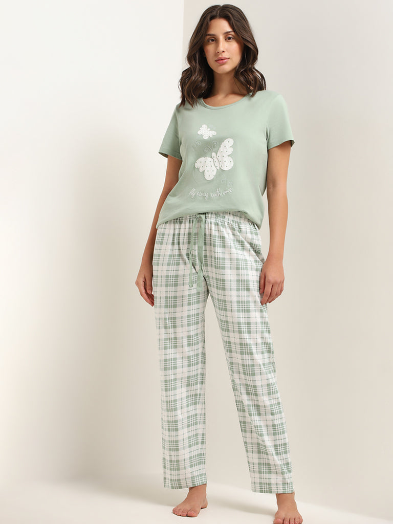 Wunderlove Green Printed Cotton Pyjamas Set In A Bag