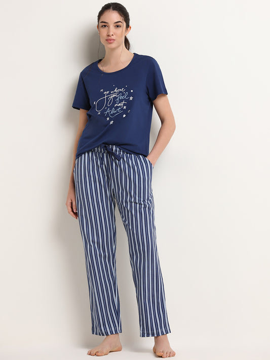 Wunderlove Navy Mid-Rise Striped Cotton Pyjamas