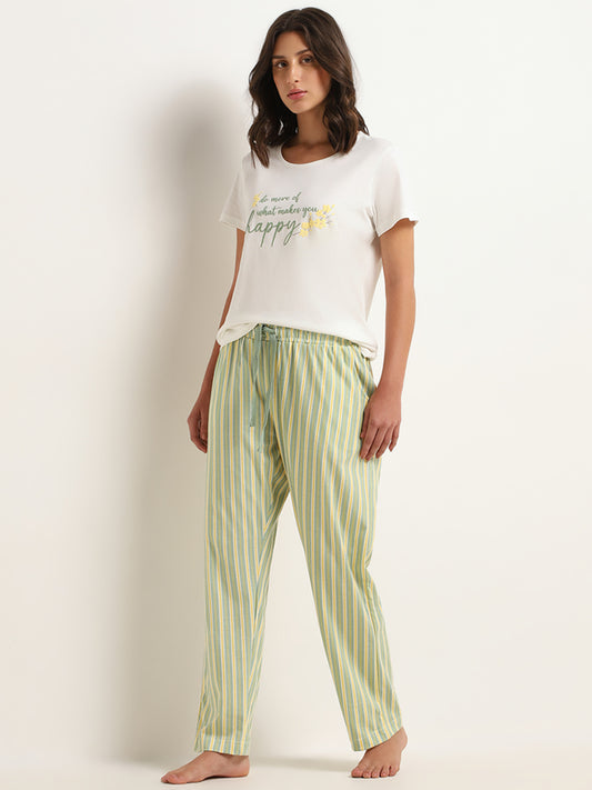 Wunderlove Green Mid-Rise Striped Cotton Pyjamas