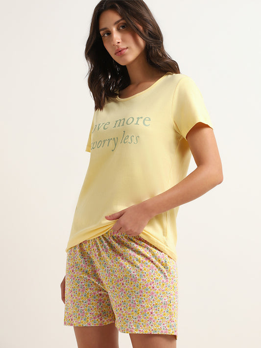 Wunderlove Yellow Ditsy Floral Print Cotton Shorts