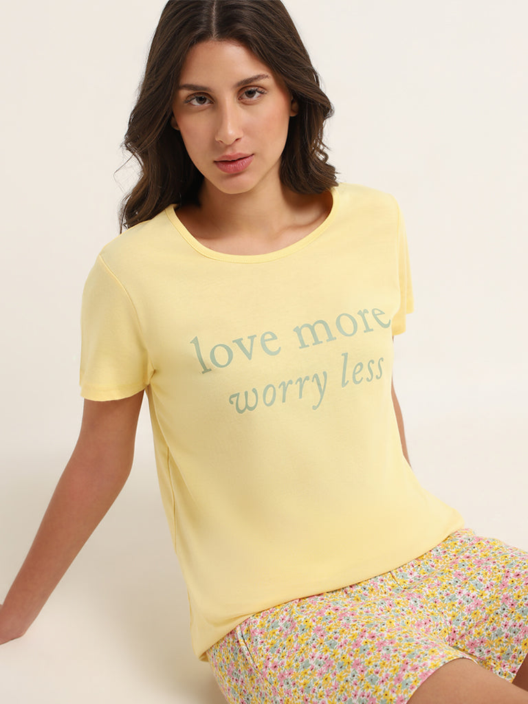 Wunderlove Yellow Contrast Print T-Shirt