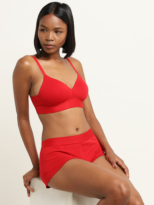 Superstar Red Padded Non-Wired Cotton Blend Bra