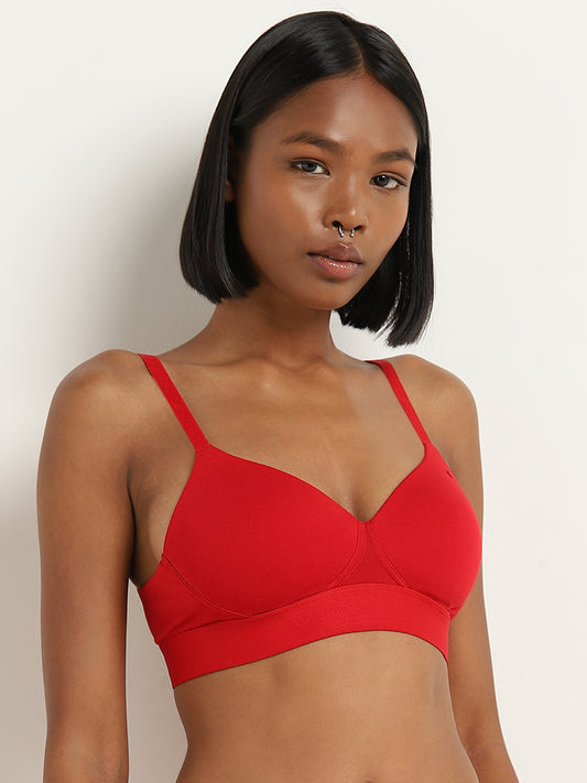 Superstar Red Padded Non-Wired Cotton Blend Bra