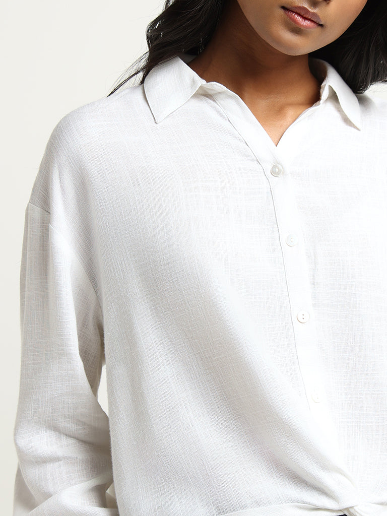LOV White Knot-Detail Blended Linen Shirt