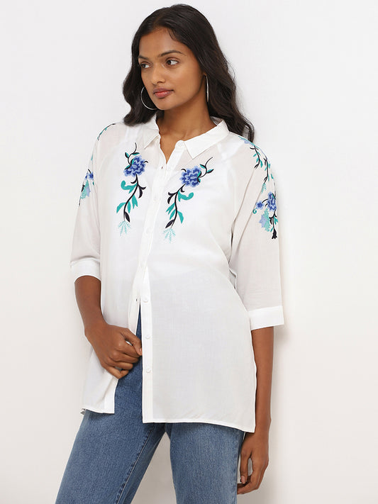 LOV White Embroidered Drop-Tail Shirt