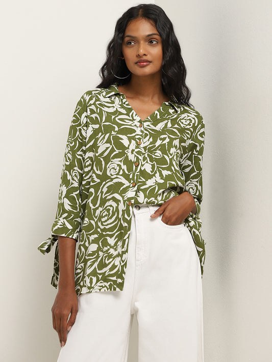 LOV Green Floral Print Crystal Shirt