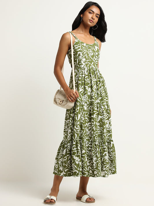LOV Green Floral Print Blended Linen Midi Dress