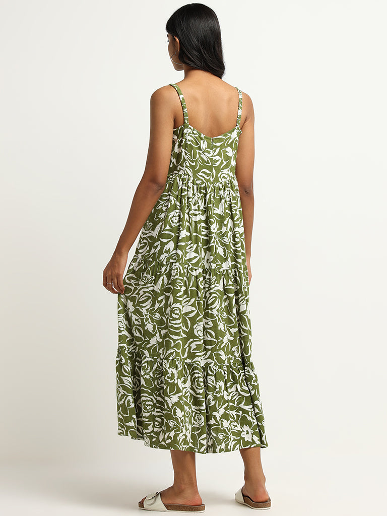 LOV Green Floral Print Blended Linen Midi Dress