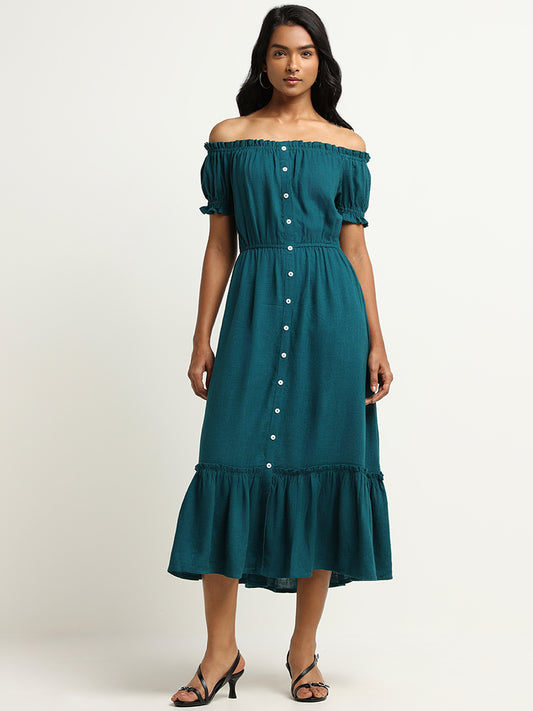 LOV Teal Off-Shoulder Blended Linen Midi Dress