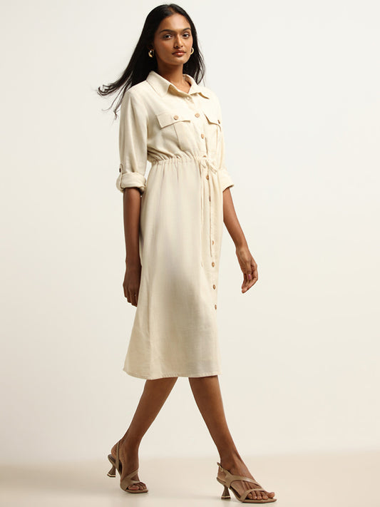 LOV Beige Blended Linen Shirt Dress
