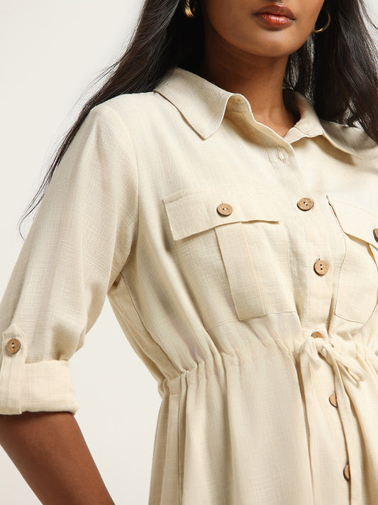LOV Beige Blended Linen Shirt Dress