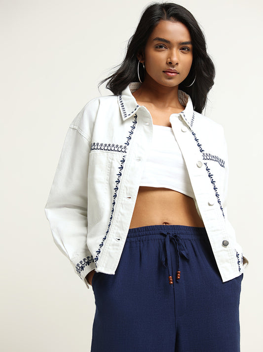 LOV White Contrast Embroidered Cotton Jacket