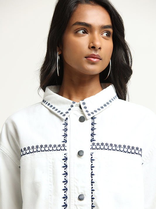 LOV White Contrast Embroidered Cotton Jacket