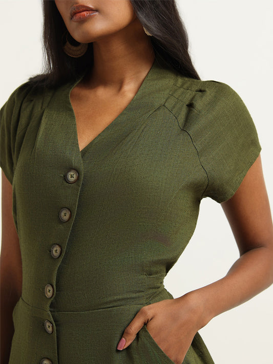 LOV Green Solid Blended Linen Jumpsuit