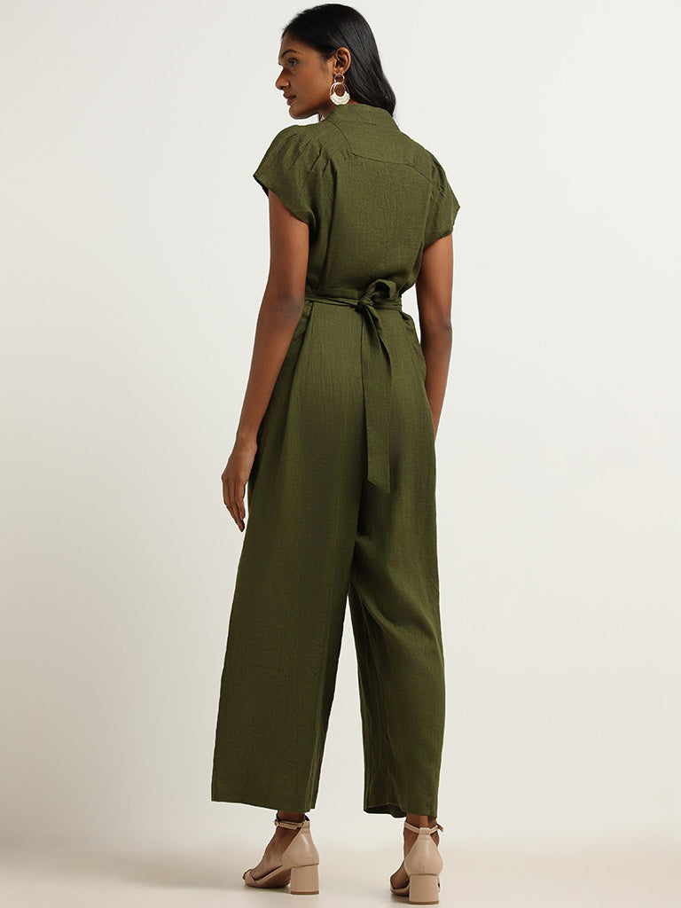 LOV Green Solid Blended Linen Jumpsuit
