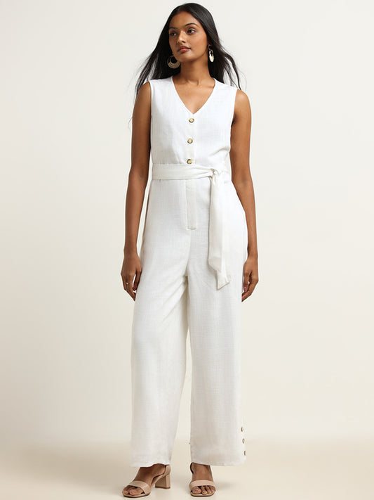 LOV White Blended Linen Jumpsuit with Belt