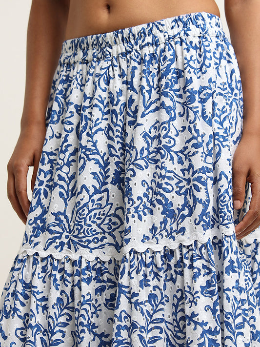 LOV Blue Printed Cotton Tiered Skirt