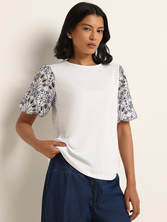LOV White Embroidered Sleeve Cotton Top