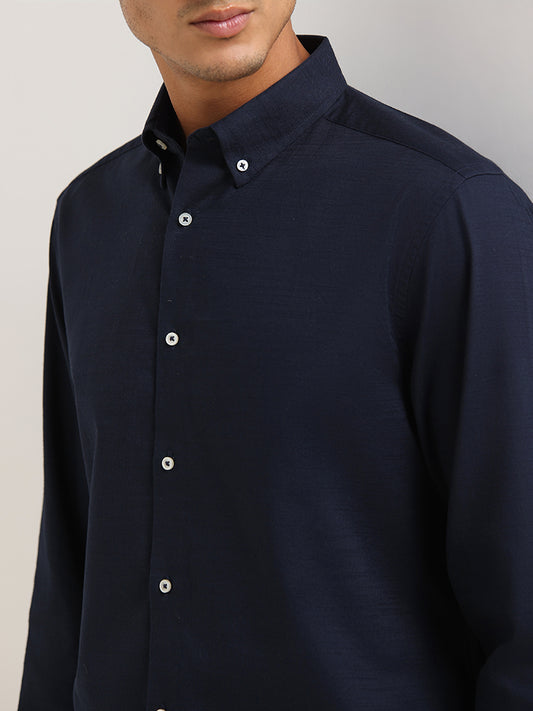 Ascot Navy Cotton Blend Relaxed Fit Shirt