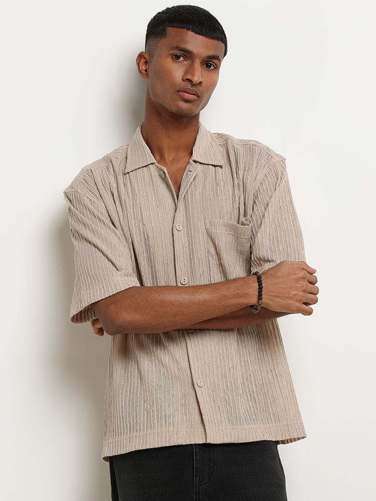 Nuon Beige Cotton Blend Relaxed Fit Shirt
