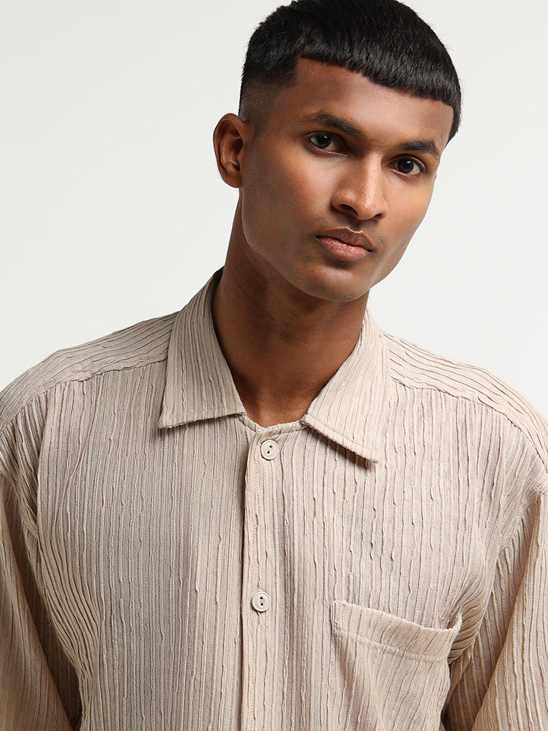 Nuon Beige Cotton Blend Relaxed Fit Shirt
