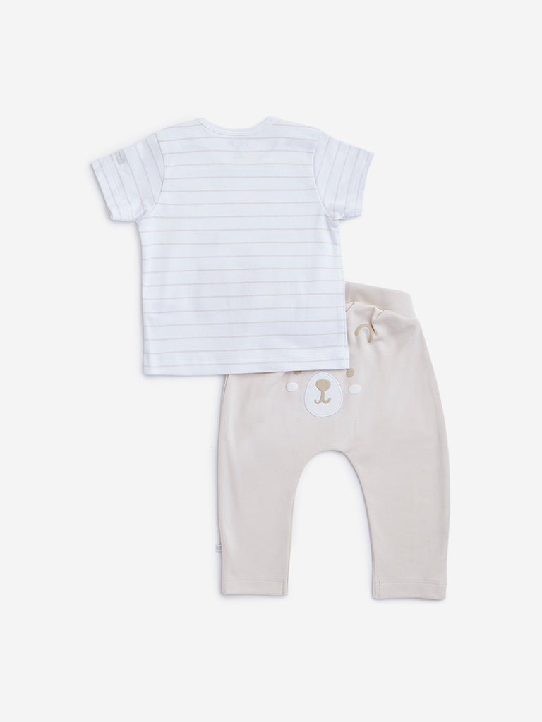 HOP Baby Beige Striped T-Shirt and Pants Set