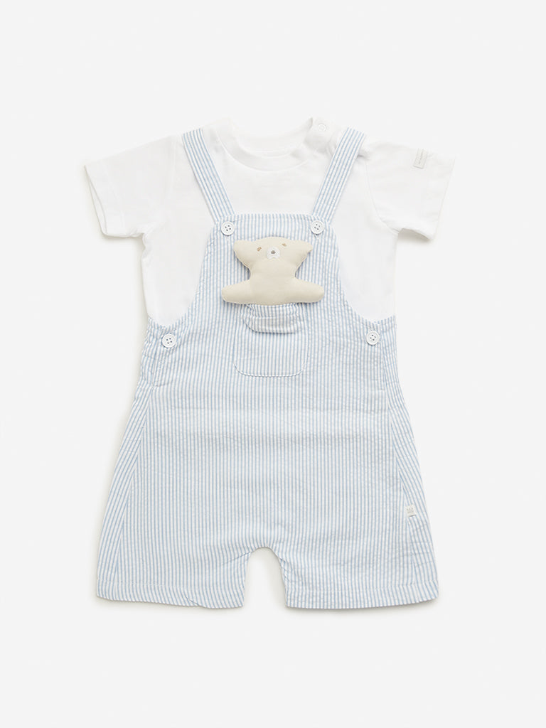 HOP Baby Blue Striped Dungaree with T-Shirt Set