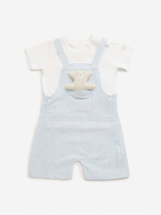 HOP Baby Blue Striped Dungaree with T-Shirt Set
