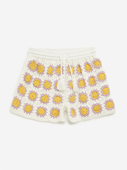 HOP Kids Multicolour Crochet Detailed Mid-Rise Shorts