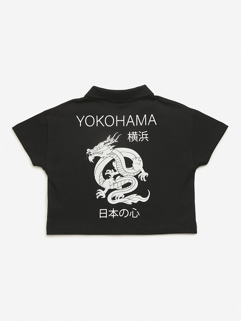 Y&F Kids Black Dragon Design Polo Crop Cotton T-Shirt