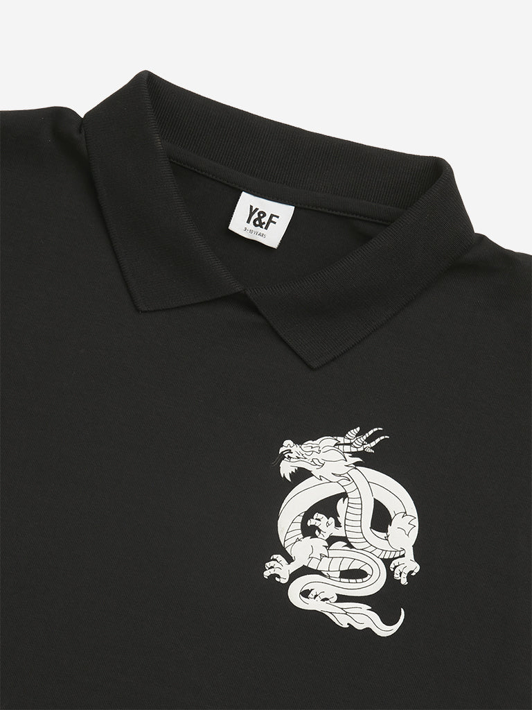 Y&F Kids Black Dragon Design Polo Crop Cotton T-Shirt