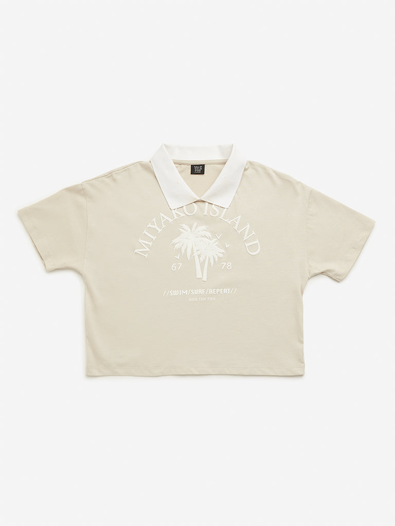 Y&F Kids Beige Text Design Polo Crop T-Shirt