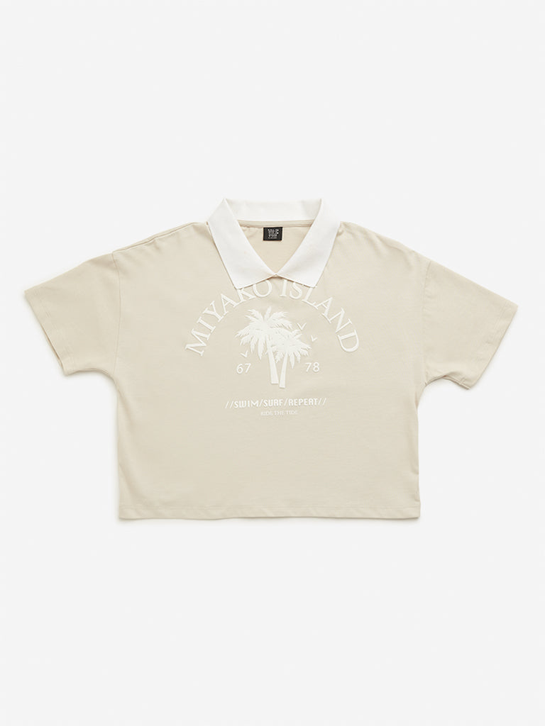 Y&F Kids Beige Text Design Polo Crop Cotton T-Shirt