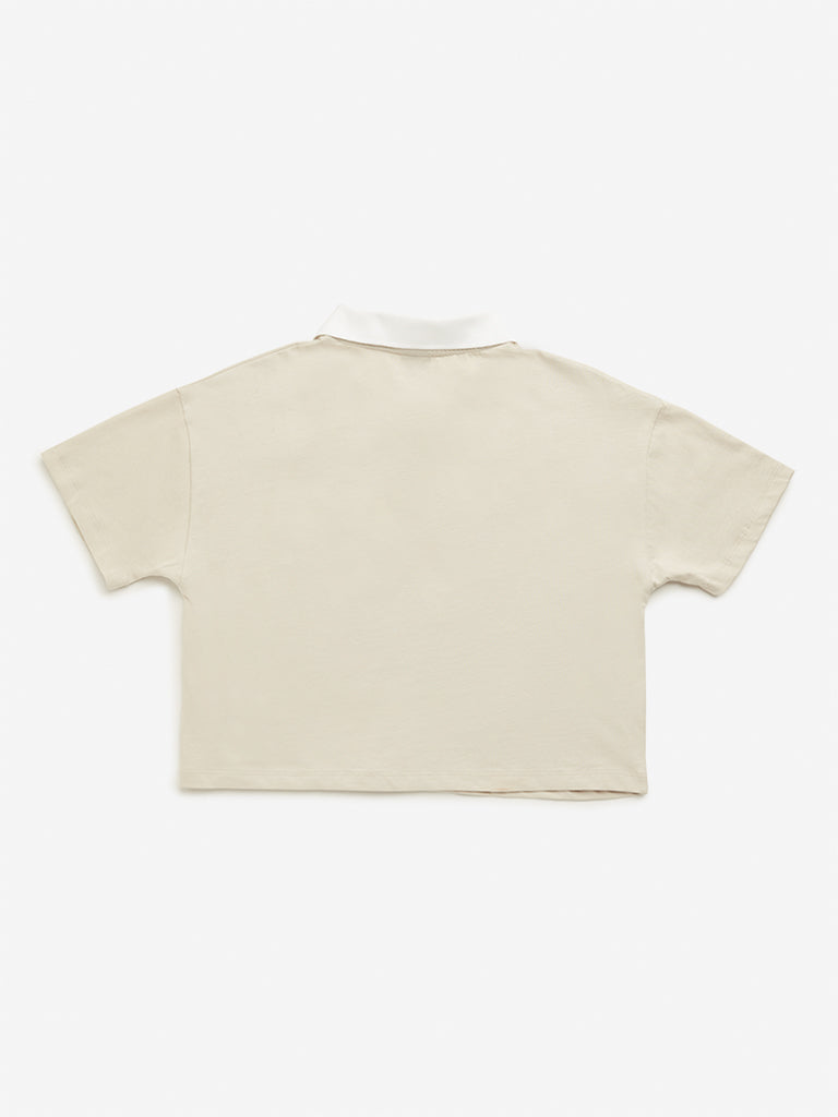 Y&F Kids Beige Text Design Polo Crop Cotton T-Shirt