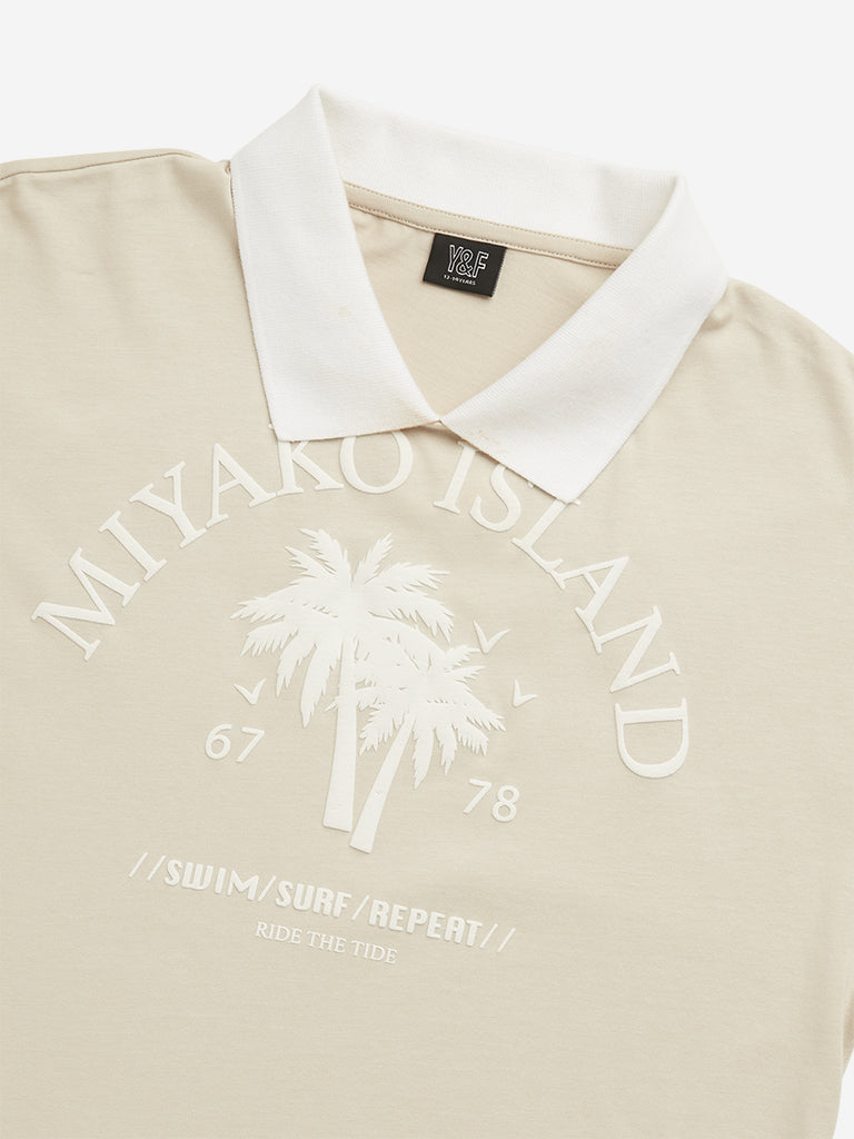 Y&F Kids Beige Text Design Polo Crop Cotton T-Shirt