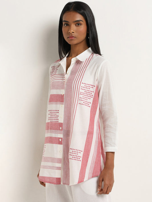 Utsa White and Red Pindna-Inspired Straight Cotton Tunic