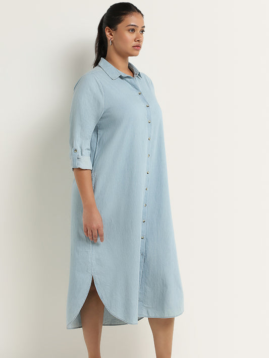 Gia Light Blue Chambray Cotton Straight Shirt Dress