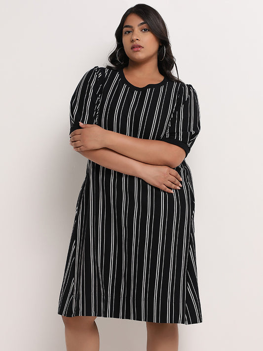 Gia Black Striped Cotton A-Line Dress