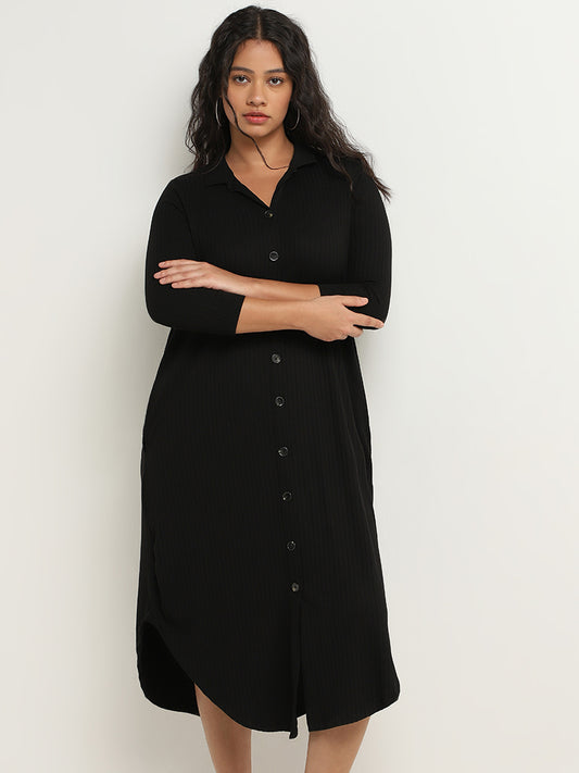 Gia Black Ribbed Design Shirt Dress