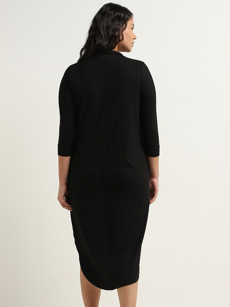 Gia Black Ribbed Design Shirt Dress