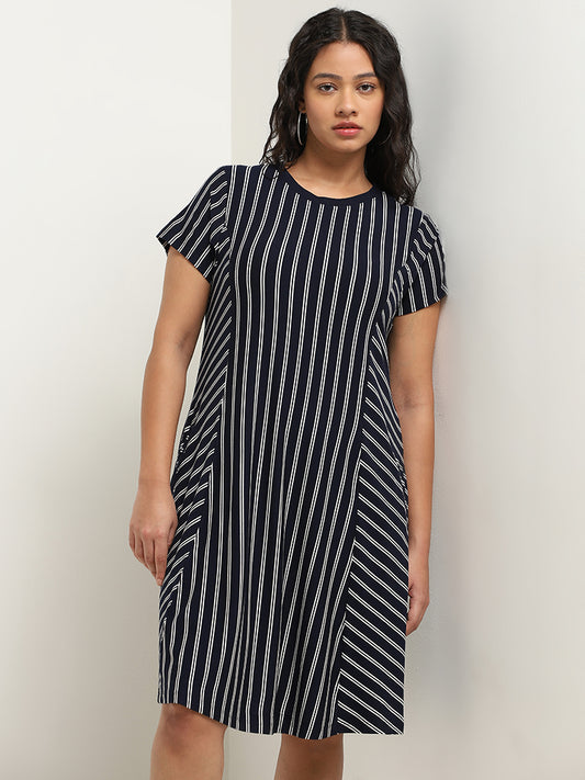 Gia Navy Striped Design Straight Dress