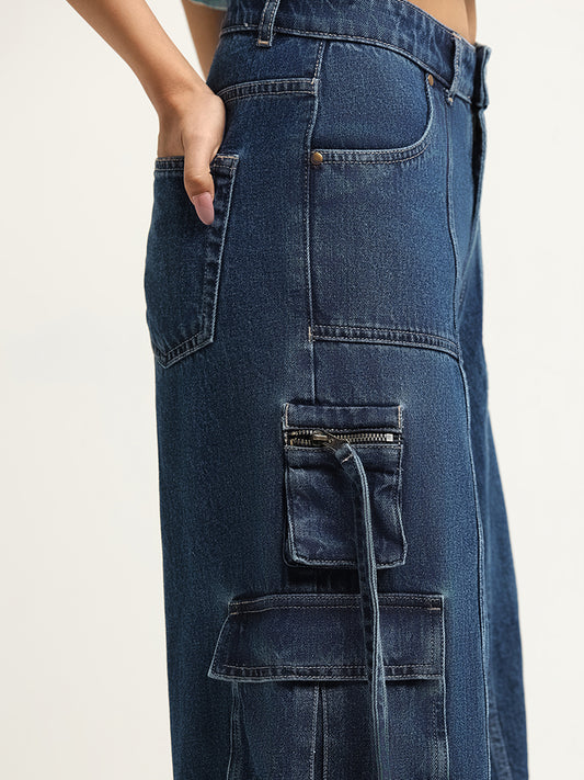 Nuon Blue Wide-Leg High Rise Cargo Denim Jeans
