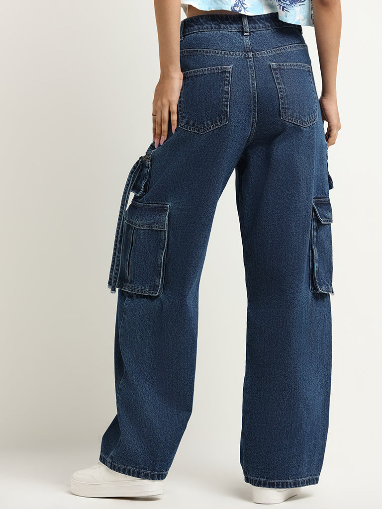 Nuon Blue Wide-Leg High Rise Cargo Denim Jeans