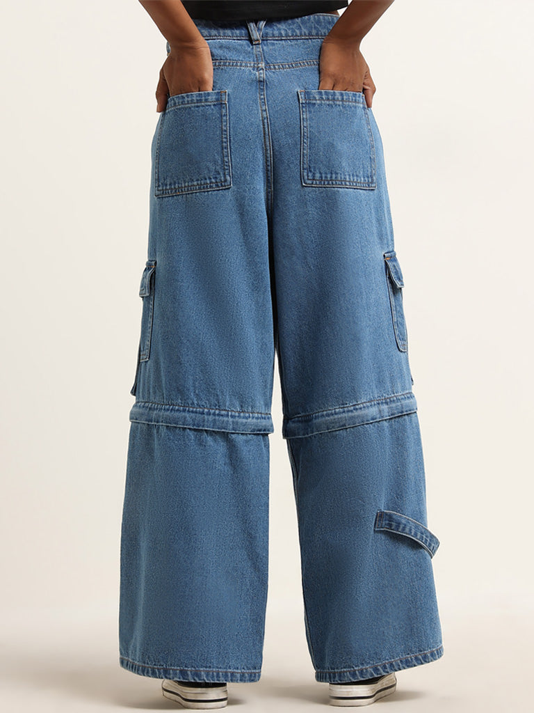 Nuon Blue Detachable Cargo Relaxed Fit High Rise Denim Jeans