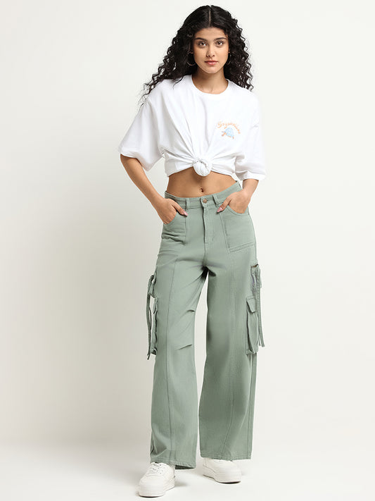 Nuon Green High Rise Wide Leg Fit Cargo Jeans