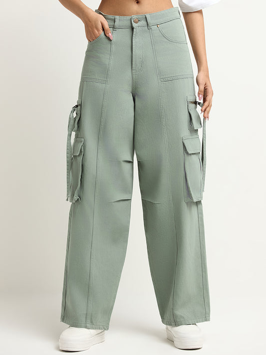 Nuon Green High Rise Wide Leg Fit Cargo Jeans