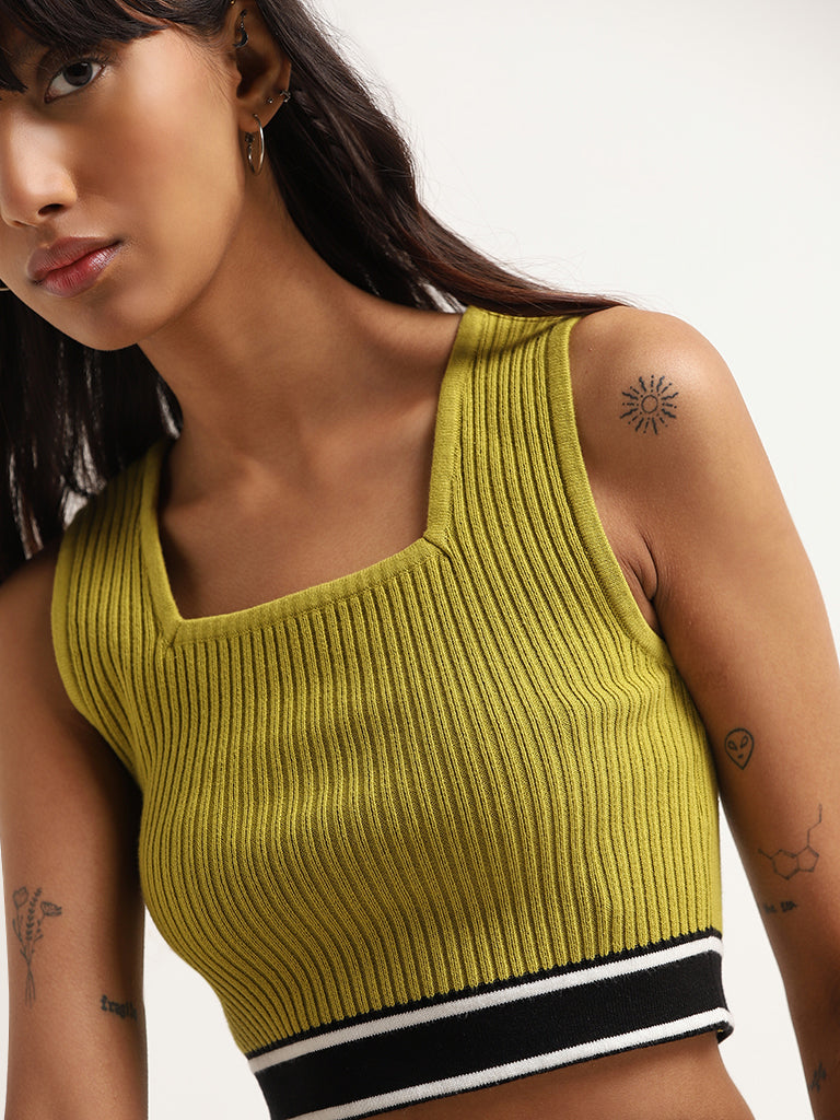 Nuon Green Ribbed Cotton Blend Crop Top